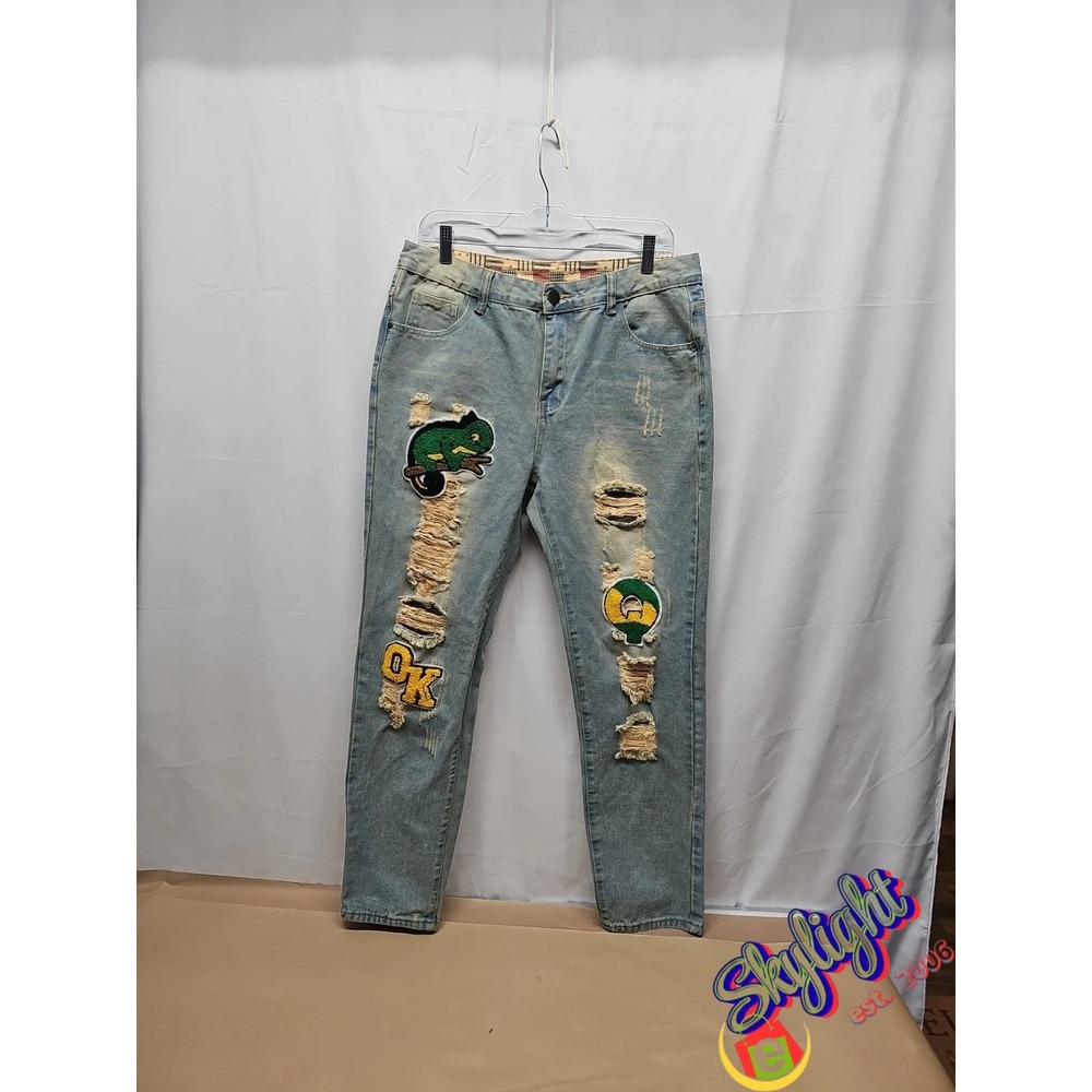 Men's 90s Hip Hop Y2K Cartoon Blue‎ Street Jeans Size 34 Distressed